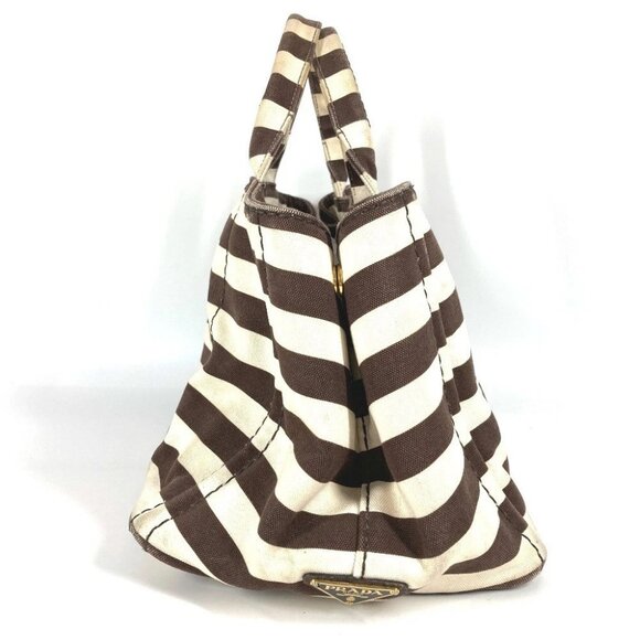 PRADA Canapa logo border Bag Tote Bag Hand Bag Canvas Brown/White - Picture 6 of 15